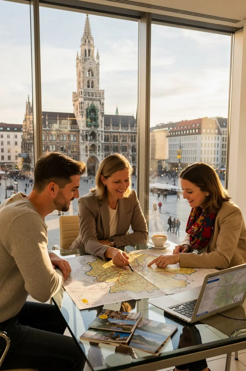 Panoramablick auf eine deutsche Landschaft mit einem Zug, der durch grüne Hügel und Wälder fährt, symbolisiert die malerische Zugreise.